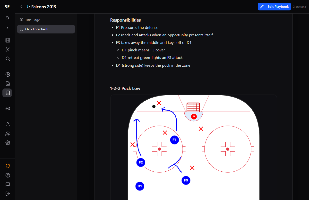 Scout Elite Playbook editor with hockey rink diagram