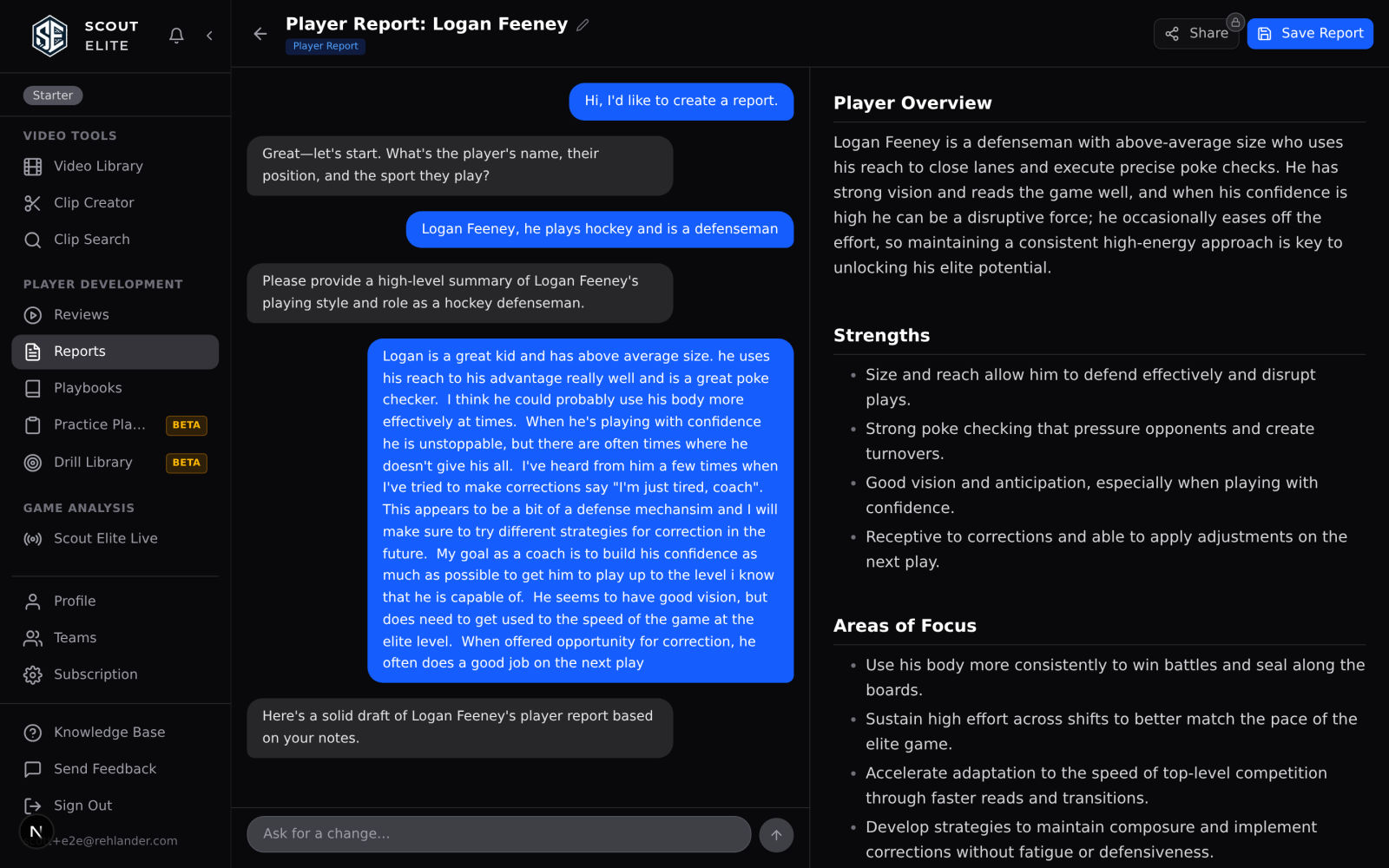 A Scout Elite AI player report: a parent's plain notes in a chat on the left, a drafted development plan with strengths and areas of focus on the right
