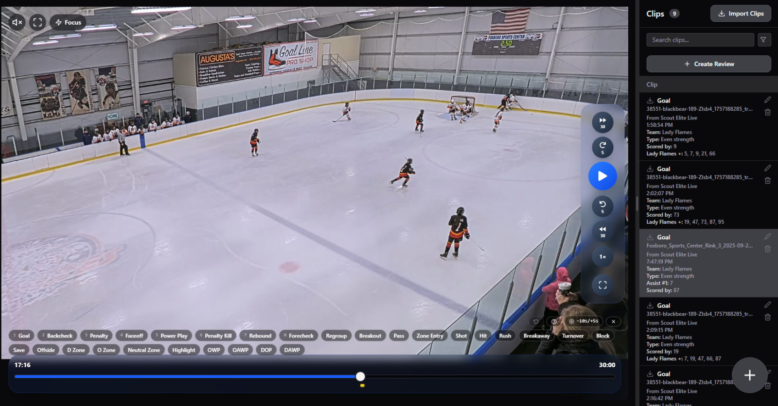 The Scout Elite Clip Creator: game video with a strip of hockey event tags and a panel of tagged goal clips
