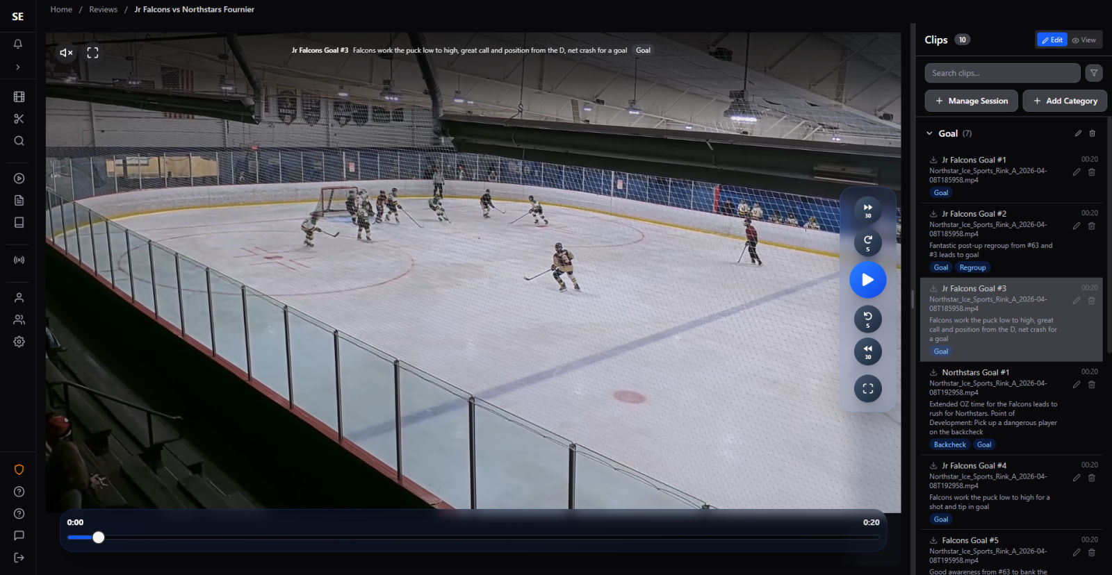 A Scout Elite Review: game video beside categorized goal clips, each with the coach's notes and tags